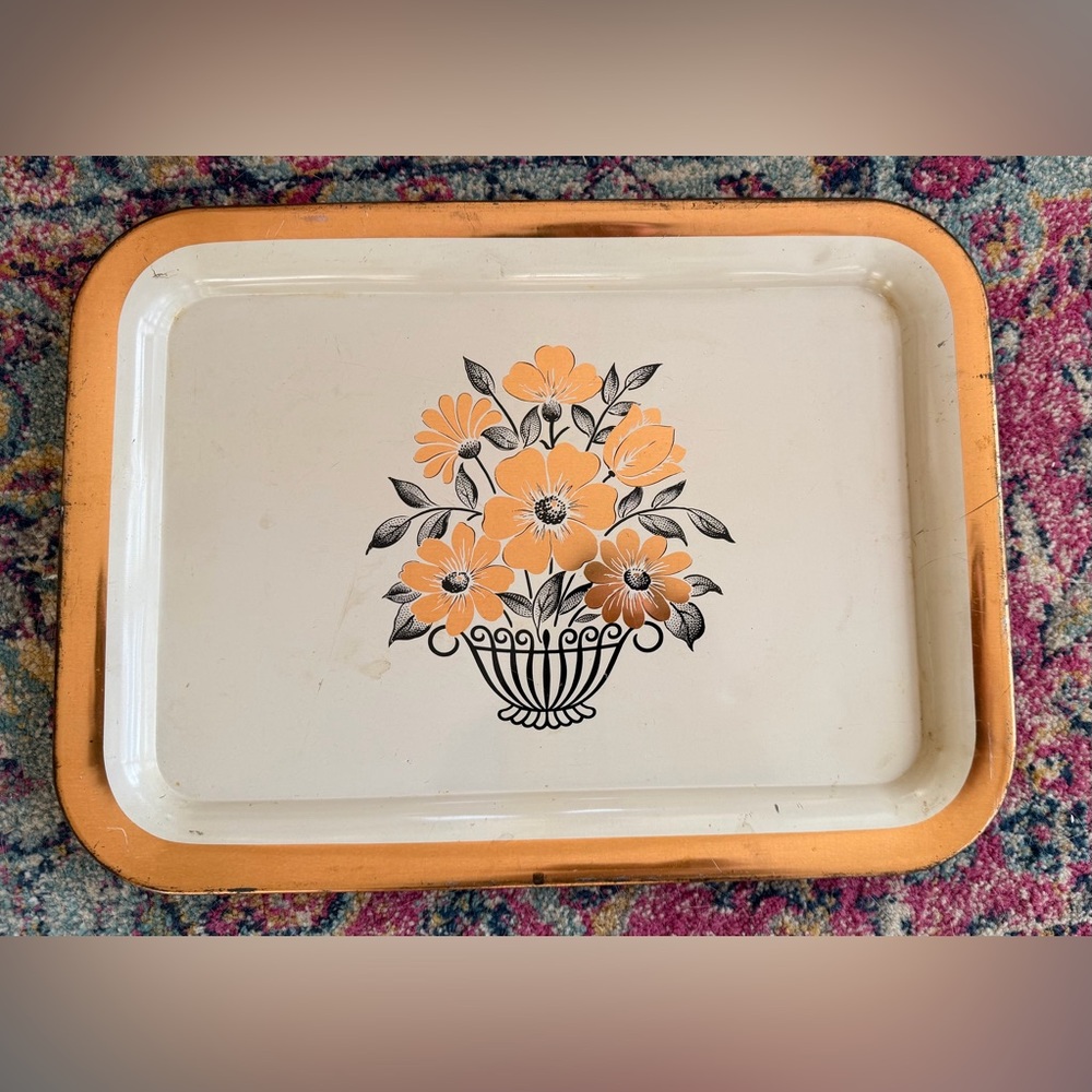 Vintage 50s/60s MCM Copper & White Flowers Basket Metal Serving Tray
